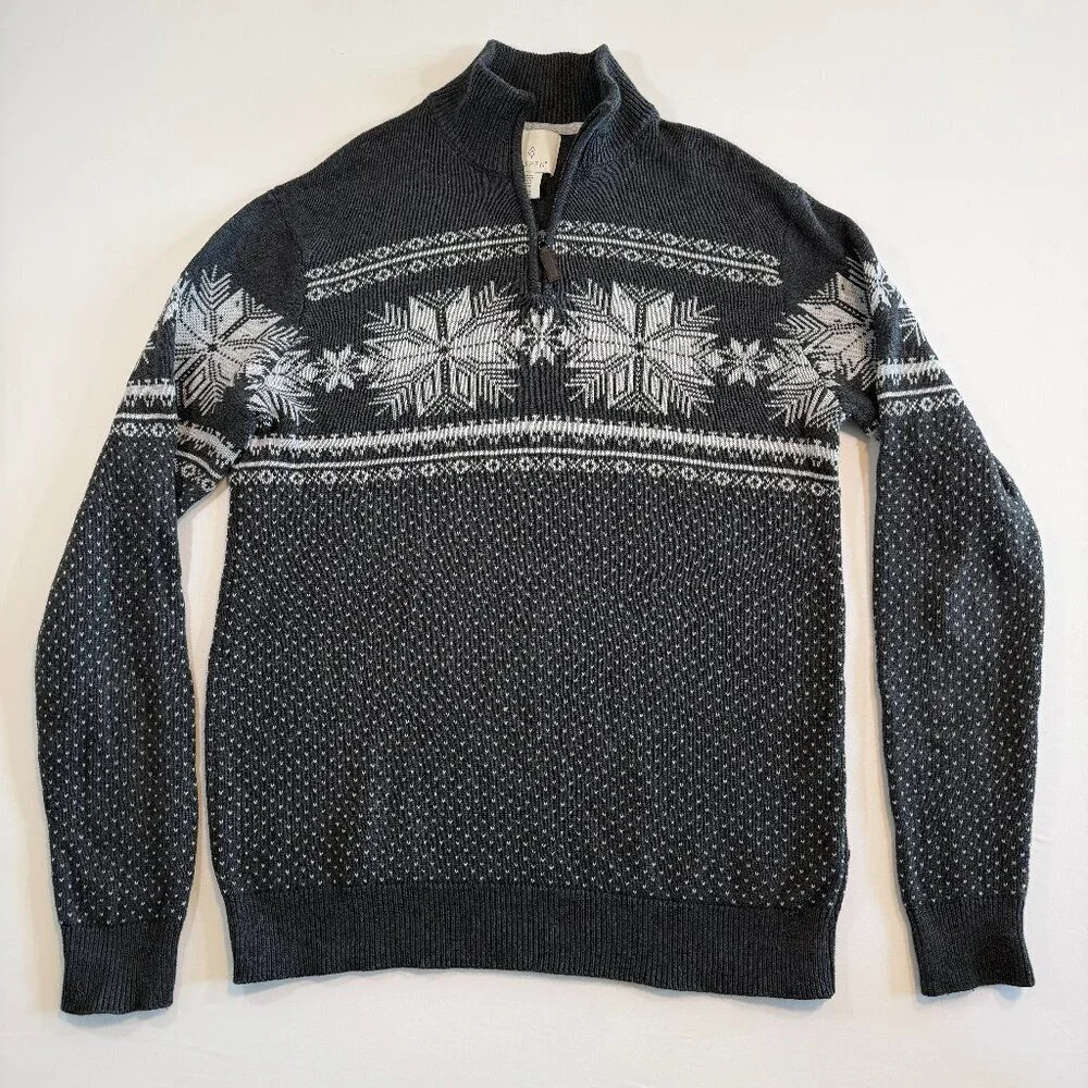ASPEN Grey Nordic Snowflake 1/4 Zip Cotton Sweater Medium